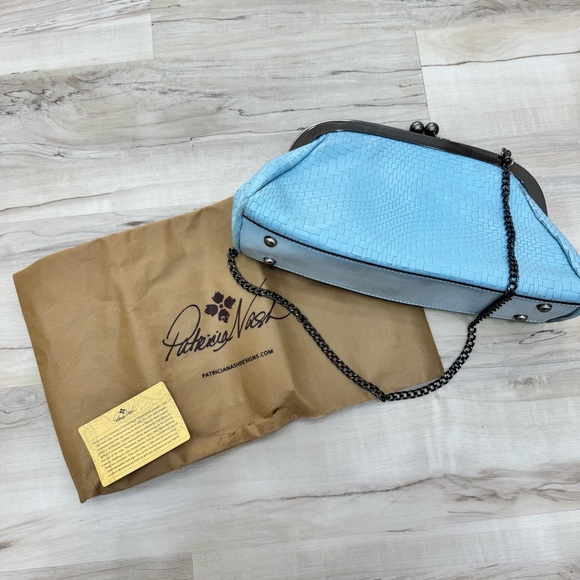 Patricia Nash Mia Frame Woven Leather Cluth Purse Pastel Turquoise Chain Strap - Picture 6 of 7